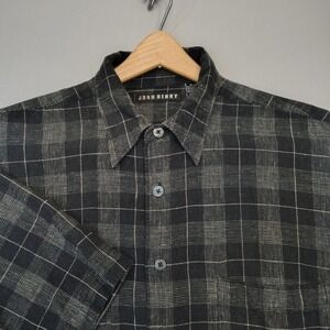 John Henry Button Up Shirt Mens XL Black Plaid Linen Blend Short Sleeve Woven